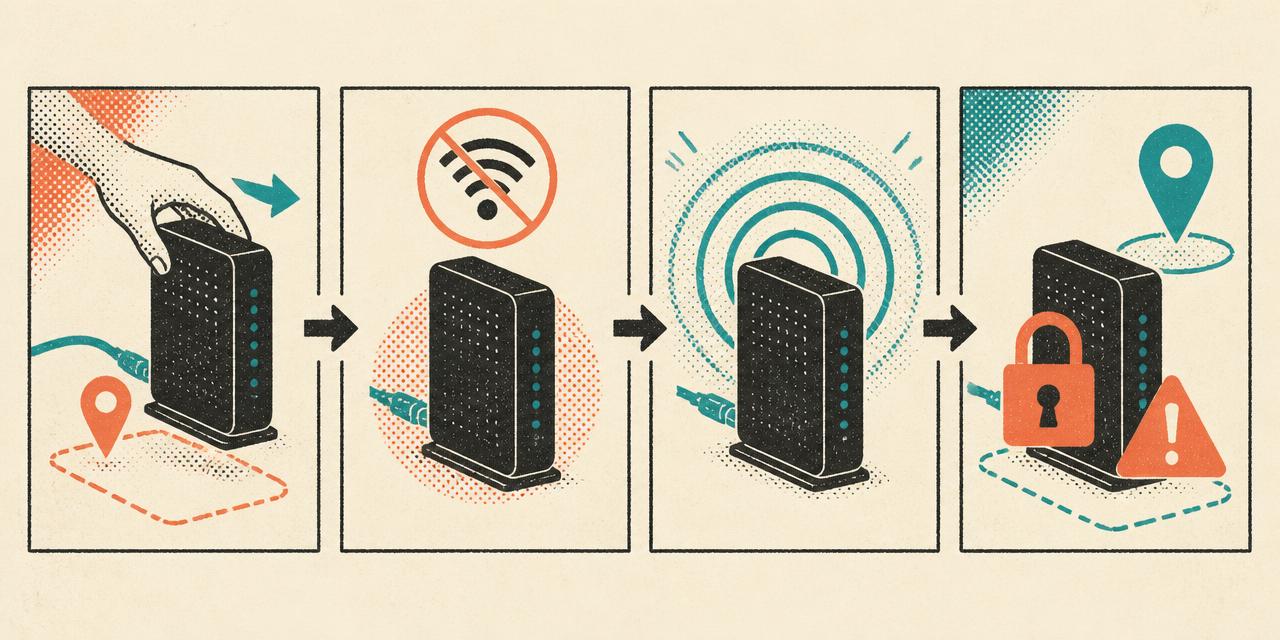 Sequência ilustrada: ONT retirada do local, offline, religada e bloqueada com alerta de nova posição